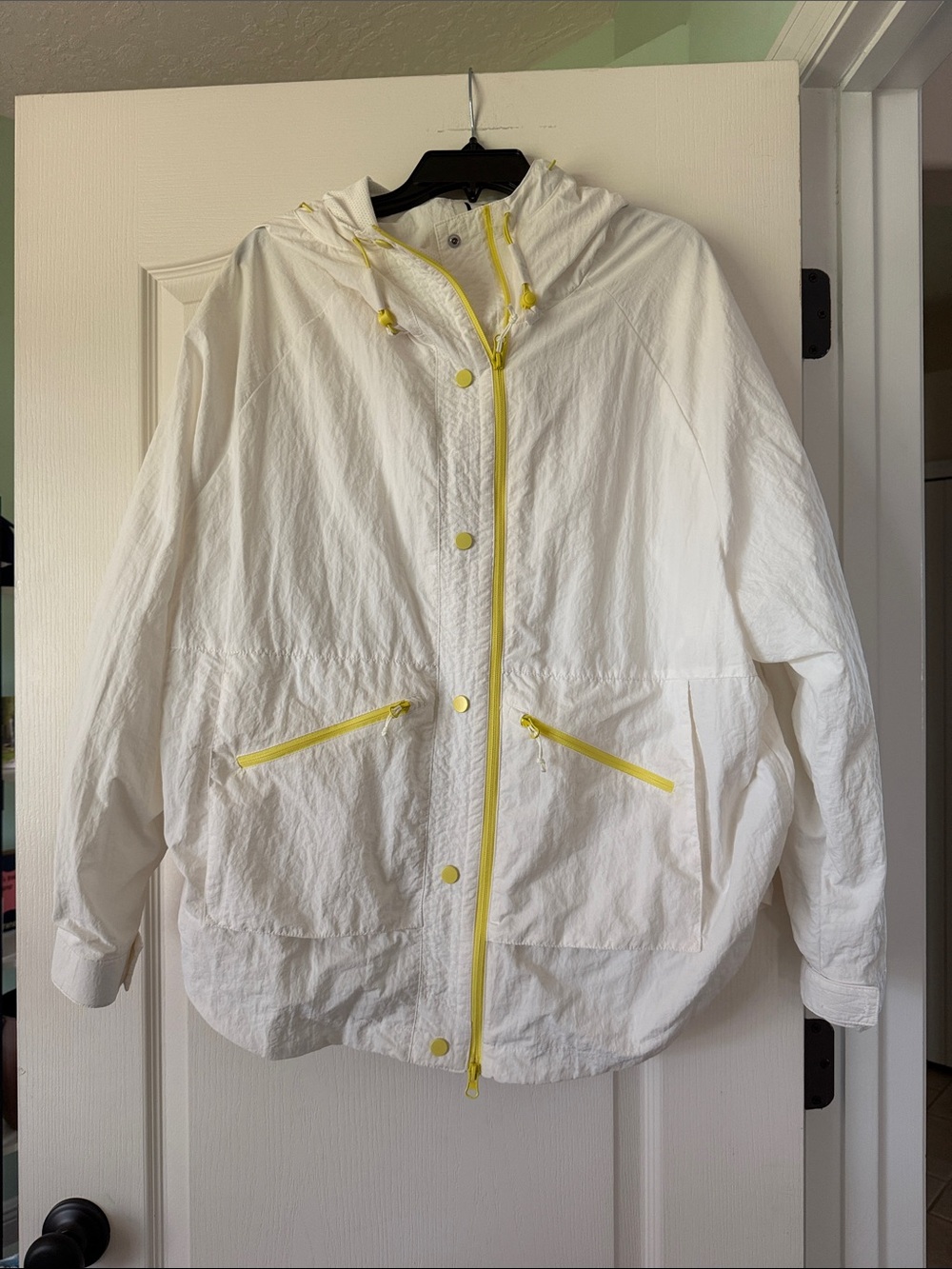 White Hooded Trench Coat with Yellow Trim - Lightweight Women's Jacket